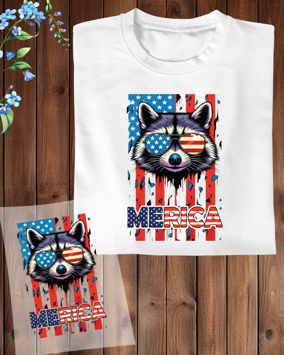 Merica Raccoon American Flag 4th July Heat Transfer for Shirts