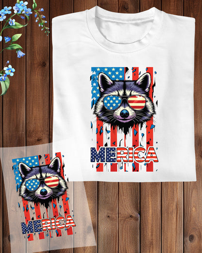 Merica Raccoon American Flag 4th July Heat Transfer for Shirts