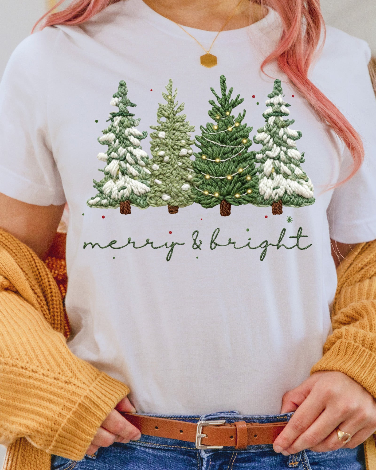 Merry and Bright Crochet Faux Yarn Christmas DTF Transfer Ready to Press, Christmas Heat Transfer For Shirt, X-mas Tree UV Sticker Prints