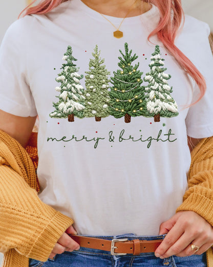 Merry and Bright Crochet Faux Yarn Christmas DTF Transfer Ready to Press, Christmas Heat Transfer For Shirt, X-mas Tree UV Sticker Prints