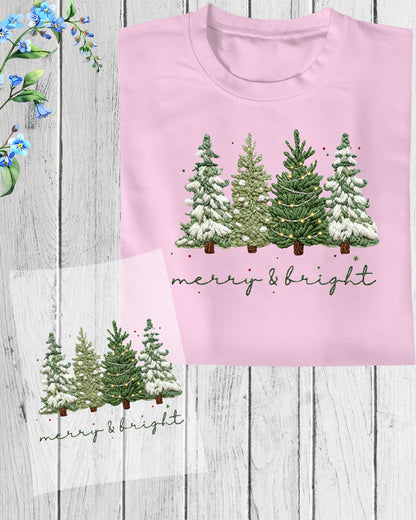 Merry and Bright Crochet Faux Yarn Christmas DTF Transfer Ready to Press, Christmas Heat Transfer For Shirt, X-mas Tree UV Sticker Prints