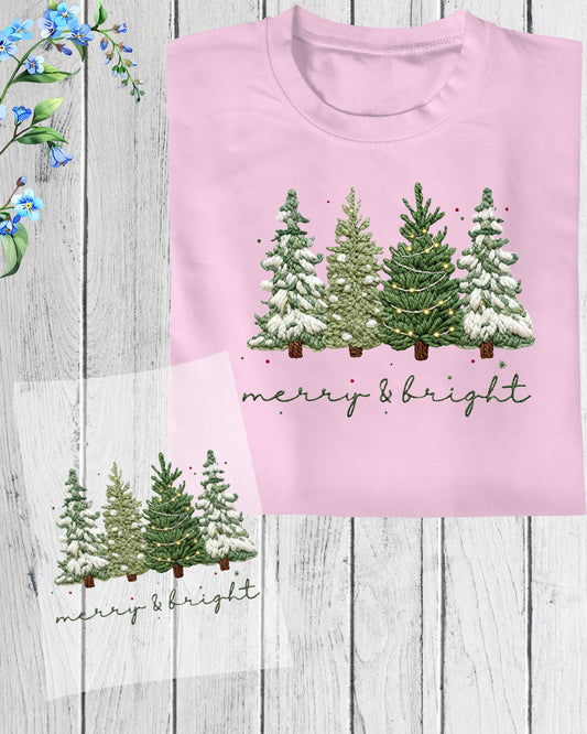 Merry and Bright Crochet Faux Yarn Christmas DTF Transfer Ready to Press, Christmas Heat Transfer For Shirt, X-mas Tree UV Sticker Prints