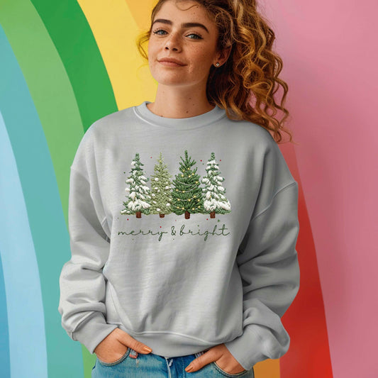 Merry and Bright Crochet Faux Yarn Christmas Sweatshirt, Christmas Trees Shirt, X-mas Tree Gift Tees