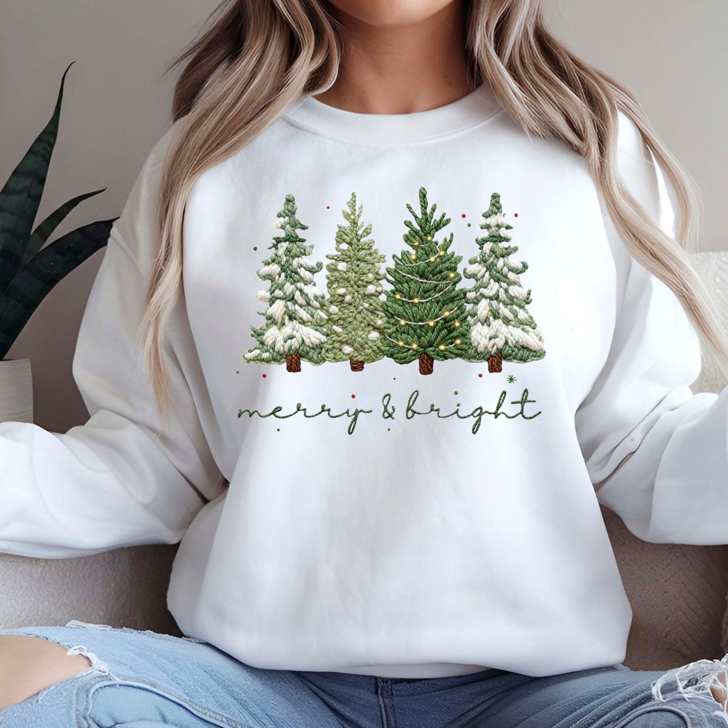 Merry and Bright Crochet Faux Yarn Christmas DTF Transfer Ready to Press, Christmas Heat Transfer For Shirt, X-mas Tree UV Sticker Prints