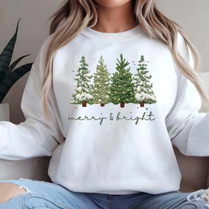 Merry and Bright Crochet Faux Yarn Christmas Sweatshirt, Christmas Trees Shirt, X-mas Tree Gift Tees