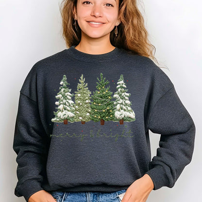 Merry and Bright Crochet Faux Yarn Christmas DTF Transfer Ready to Press, Christmas Heat Transfer For Shirt, X-mas Tree UV Sticker Prints