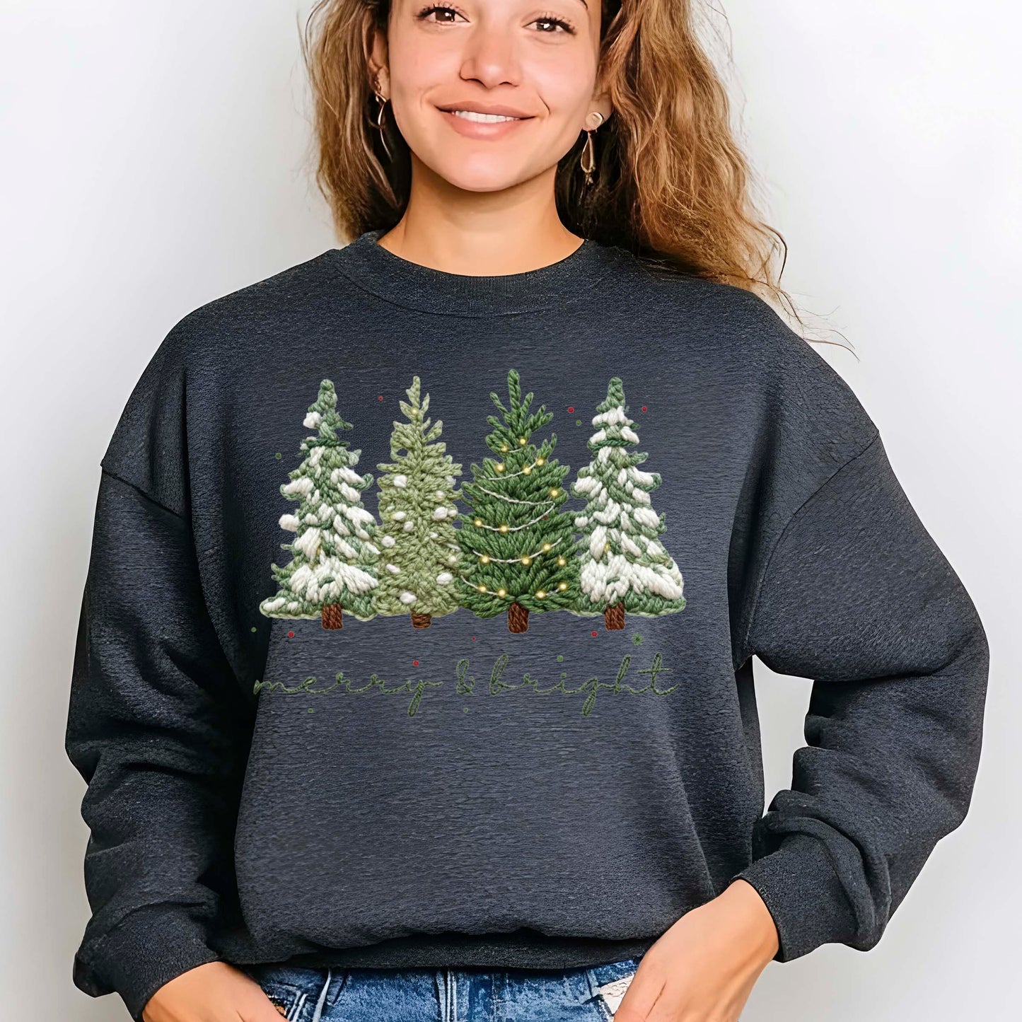 Merry and Bright Crochet Faux Yarn Christmas Sweatshirt, Christmas Trees Shirt, X-mas Tree Gift Tees
