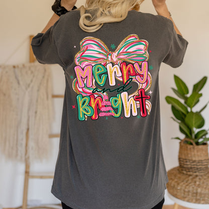 Glitter Merry & Bright DTF Transfer Holiday Shirt Design Ready to Press Glitter Heat Transfer for Shirts UV Sticker