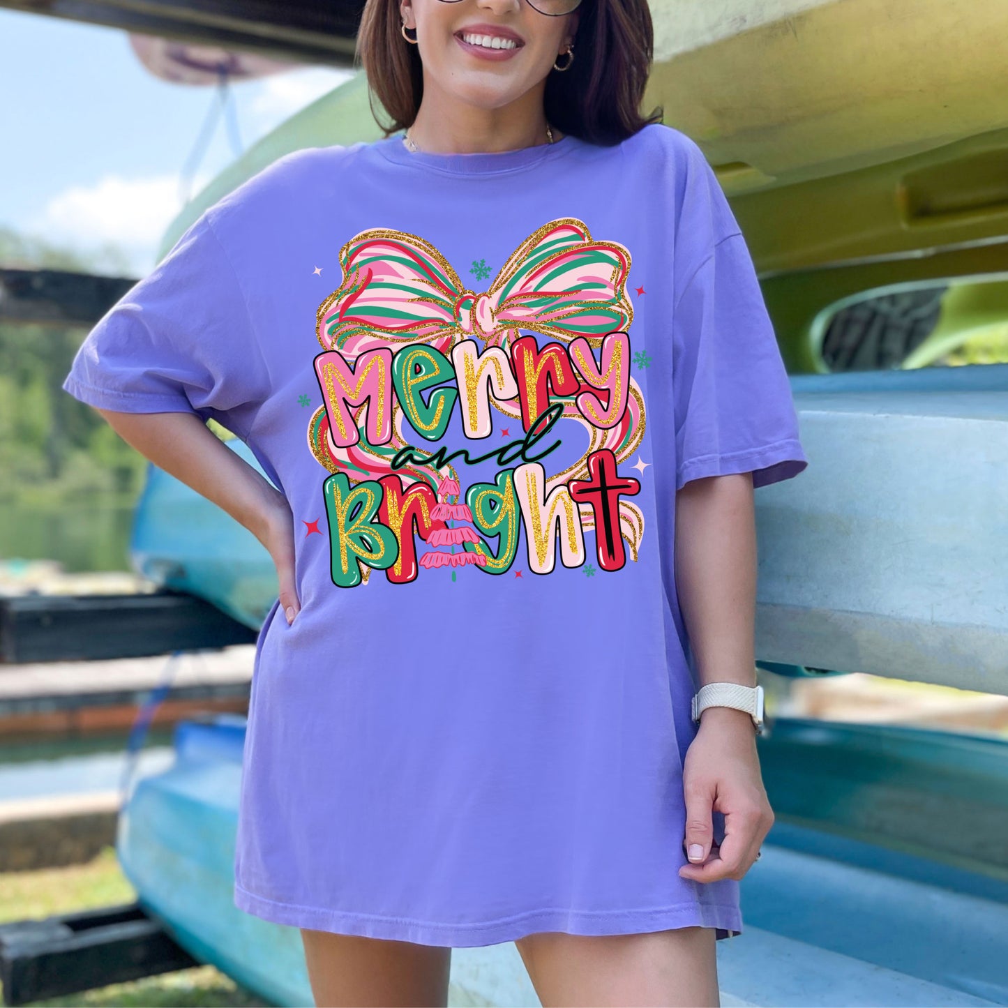 Glitter Merry & Bright DTF Transfer Holiday Shirt Design Ready to Press Glitter Heat Transfer for Shirts UV Sticker