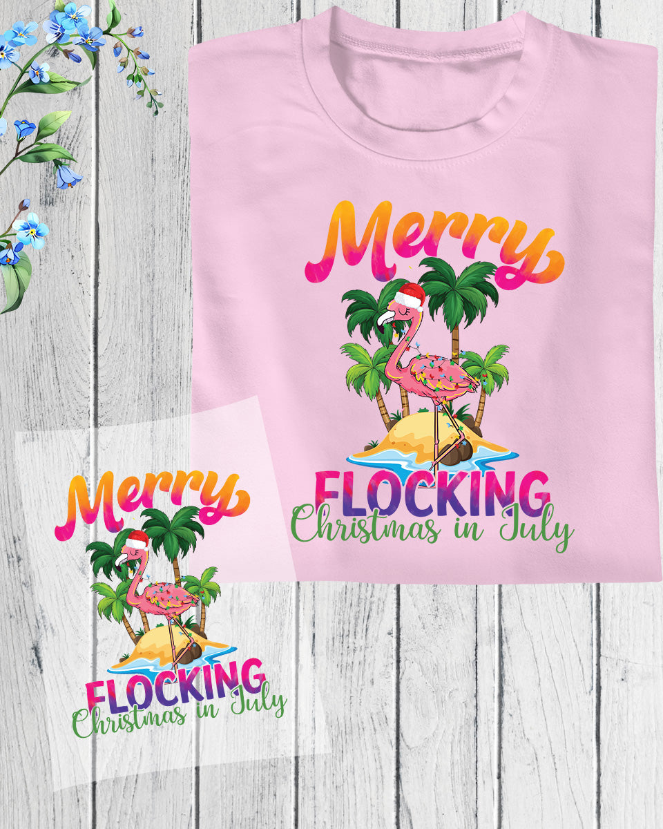 Merry Flocking Christmas In July Flamingo DTF Transfer