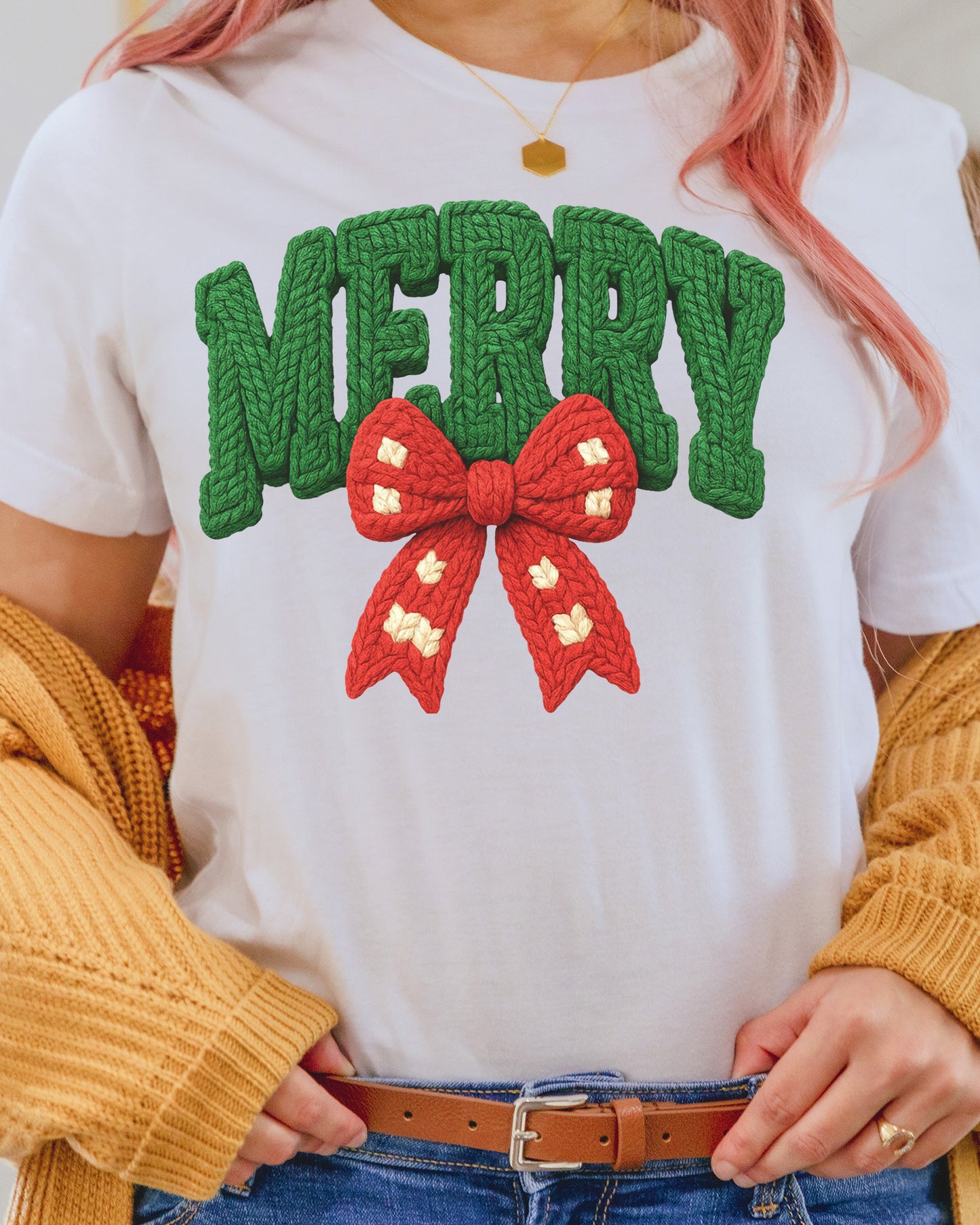 Merry Girly Faux Yarn Christmas DTF Transfer Ready to Press, Christmas Bow Heat Transfer For Shirt, X-mas UV Sticker Prints