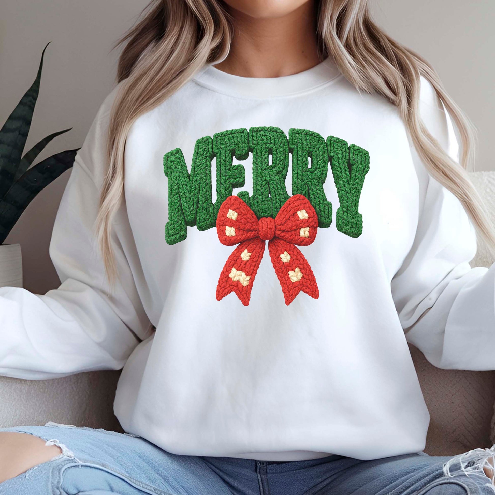 Merry Girly Faux Yarn Christmas T Shirts, Christmas Bow Sweatshirt, Girly X-mas Gift Tees