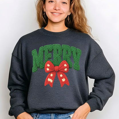 Merry Girly Faux Yarn Christmas DTF Transfer Ready to Press, Christmas Bow Heat Transfer For Shirt, X-mas UV Sticker Prints