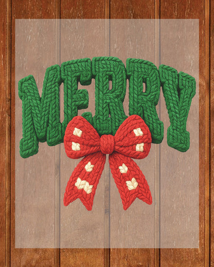 Merry Girly Faux Yarn Christmas DTF Transfer Ready to Press, Christmas Bow Heat Transfer For Shirt, X-mas UV Sticker Prints