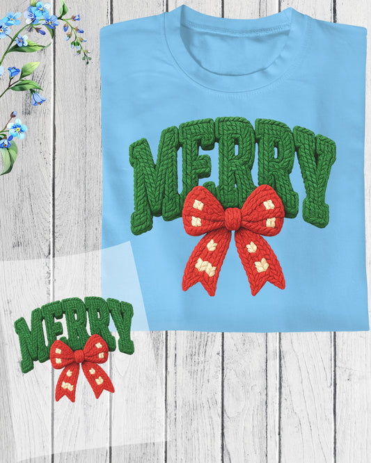 Merry Girly Faux Yarn Christmas DTF Transfer Ready to Press, Christmas Bow Heat Transfer For Shirt, X-mas UV Sticker Prints