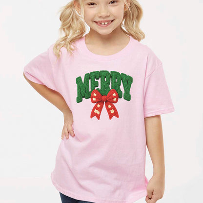 Merry Girly Faux Yarn Christmas T Shirts, Christmas Bow Sweatshirt, Girly X-mas Gift Tees