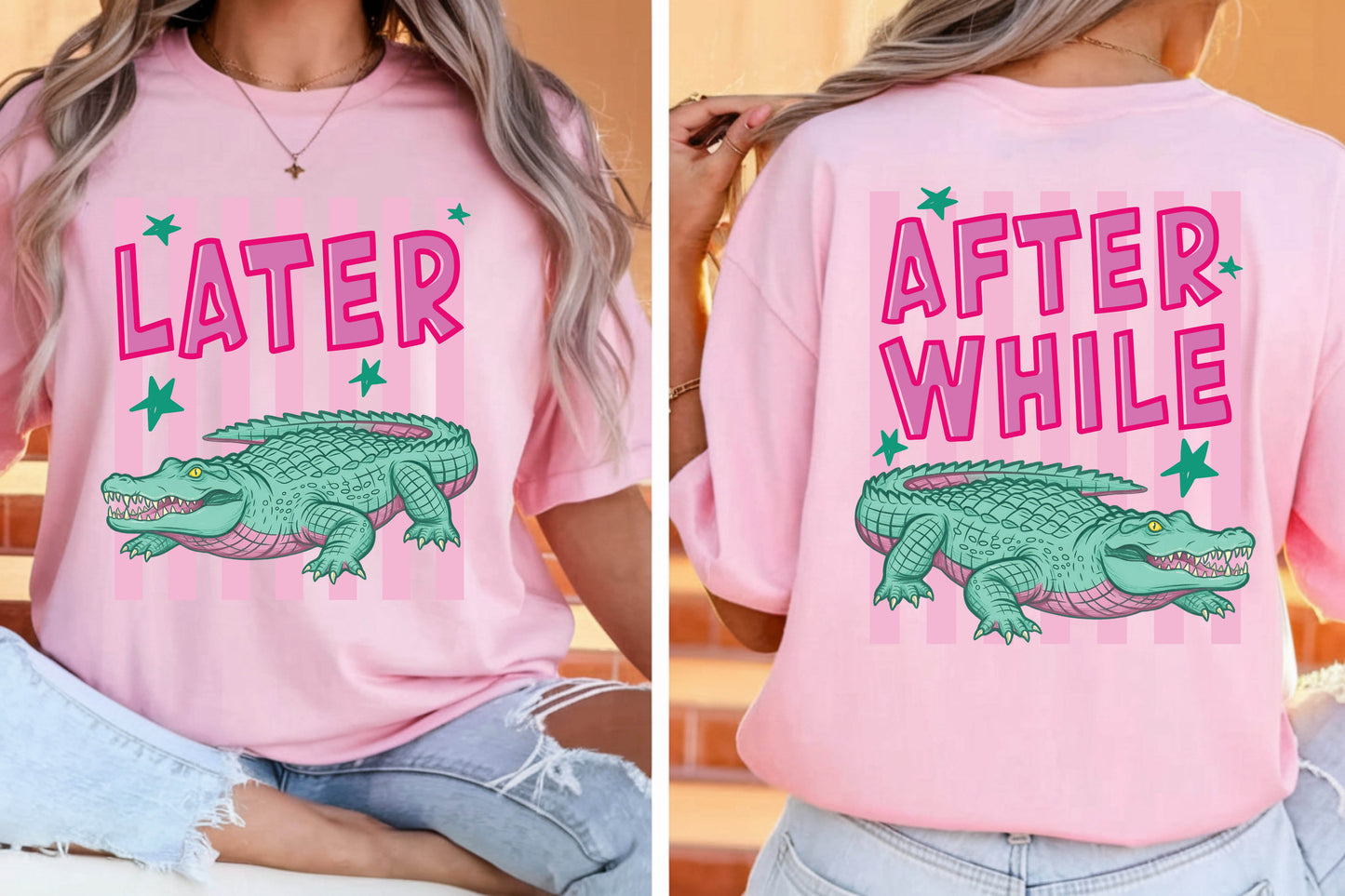 Later Gator Alligator Summer T Shirt After A While Crocodile Summer Vacation Tees Front Back Print Funny Graphic Beach Trip Shirts