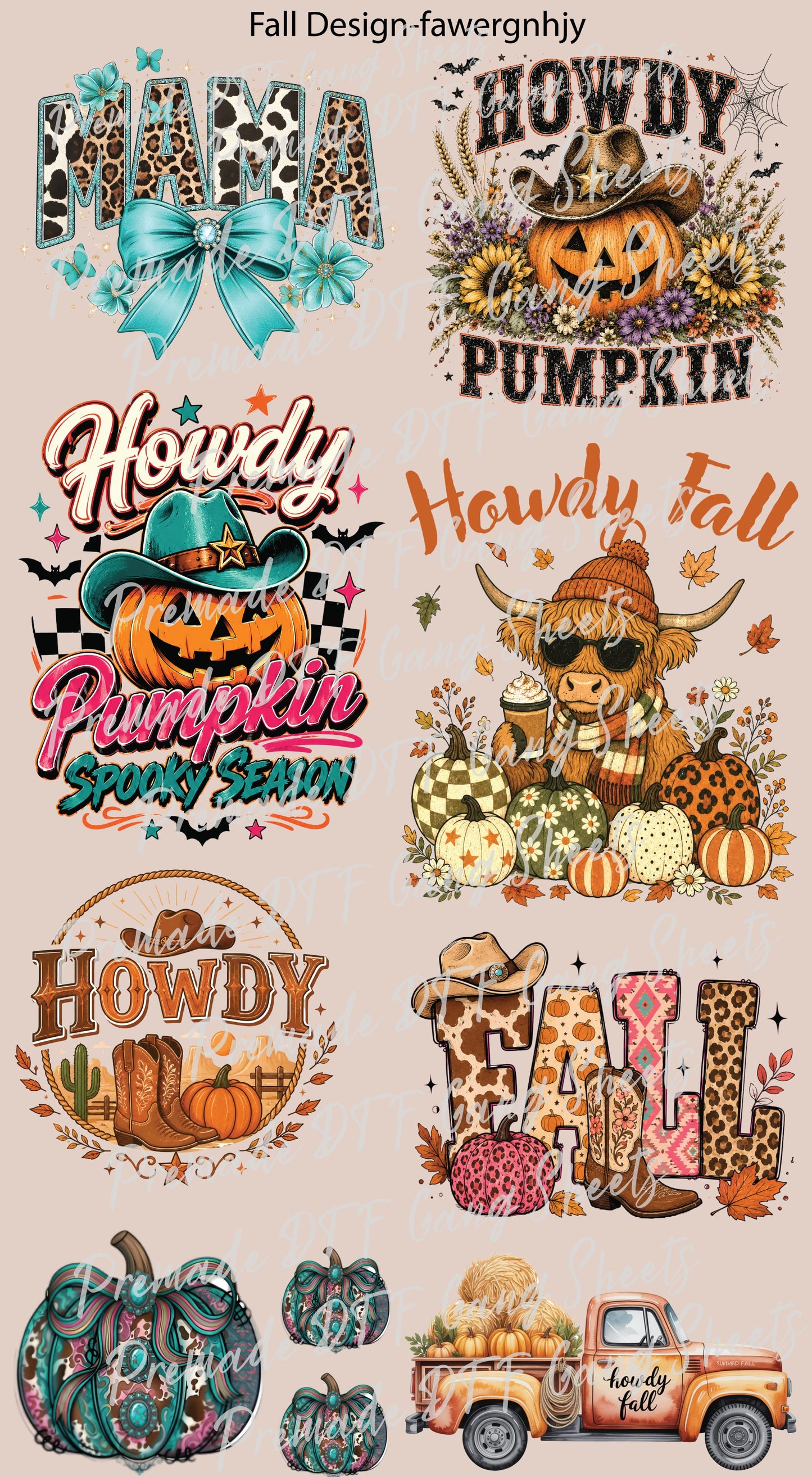 Western Fall DTF Gang Sheet Howdy Pumpkin DTF Transfer Ready to Press Cowboy Boot Highland Cow Autumn Season Heat Transfer For Shirts