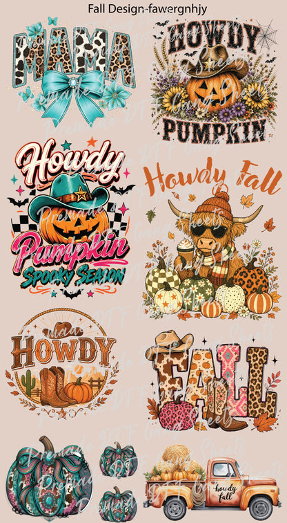 Western Fall DTF Gang Sheet Howdy Pumpkin DTF Transfer Ready to Press Cowboy Boot Highland Cow Autumn Season Heat Transfer For Shirts