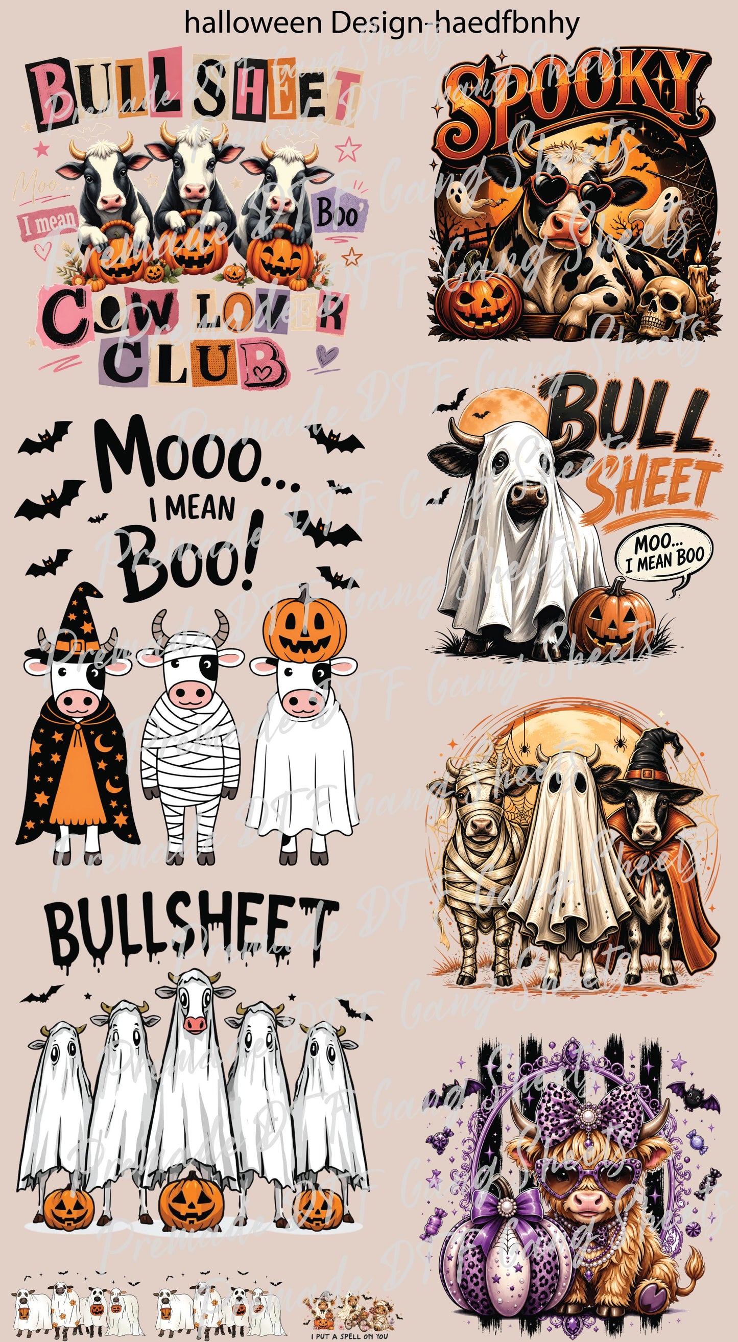 Halloween DTF Transfer Ready to Press Premade DTF Gang Sheet Spooky Ghost Cow Mooo I Mean Boo Funny Fall Heat Transfer For Shirts