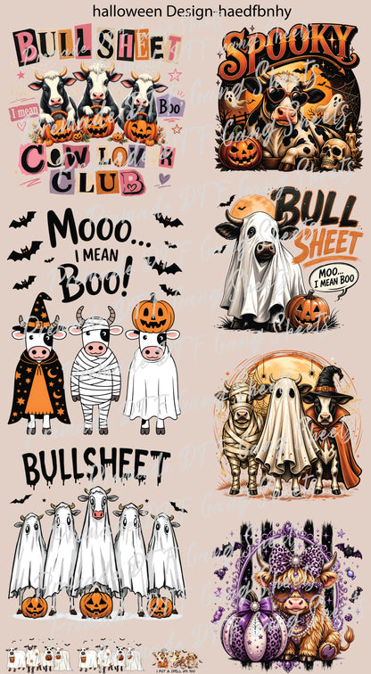 Halloween DTF Transfer Ready to Press Premade DTF Gang Sheet Spooky Ghost Cow Mooo I Mean Boo Funny Fall Heat Transfer For Shirts