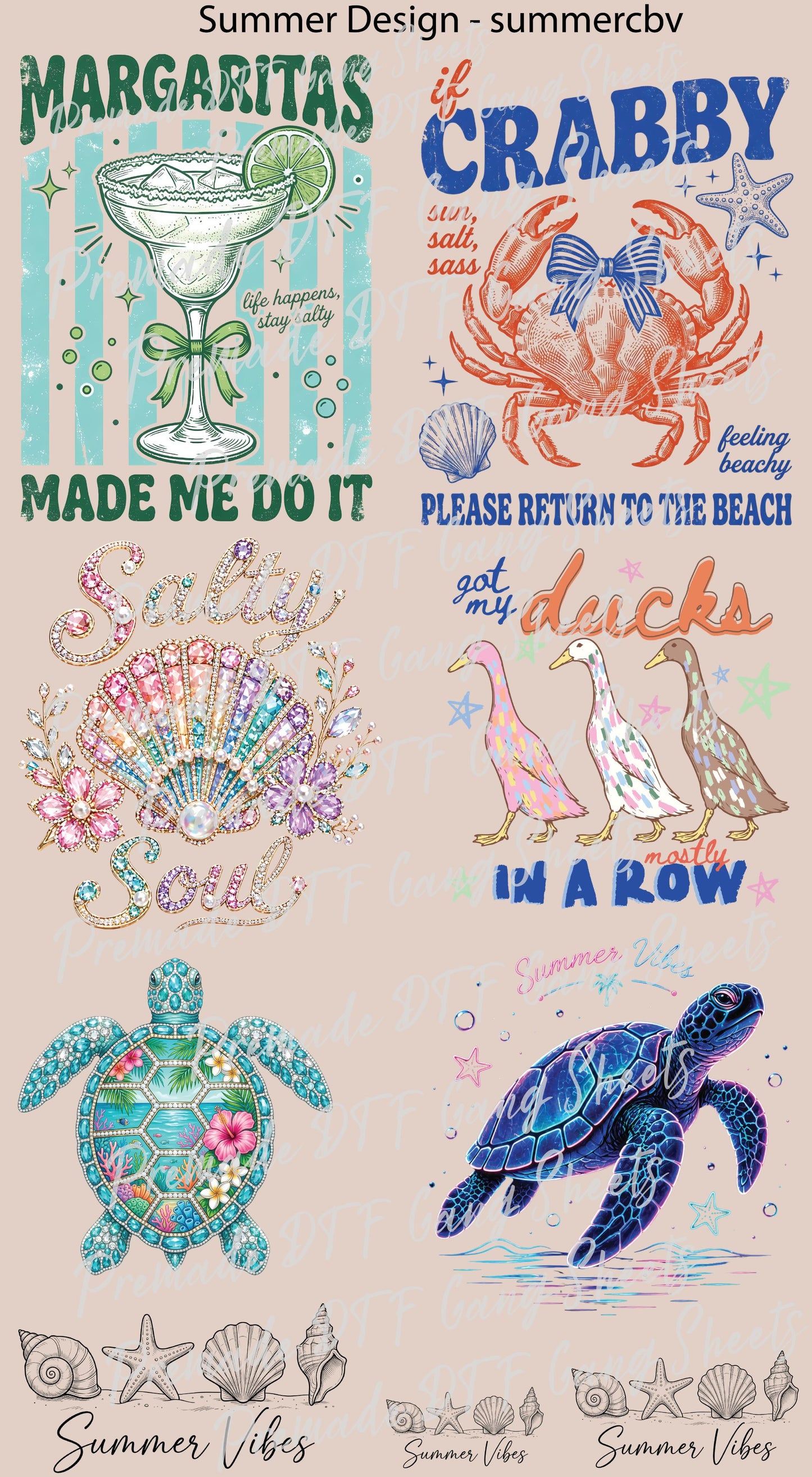 Summer Premade Gang Sheet Beach Theme DTF Transfer ready to Press Salty Soul Crabby Heat Transfer for Shirts