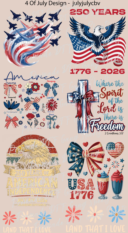 4th of July Premade Gang Sheet Retro America DTF Transfer ready to Press Memorial Day USA 250 Years Freedom Heat Transfer for Shirts