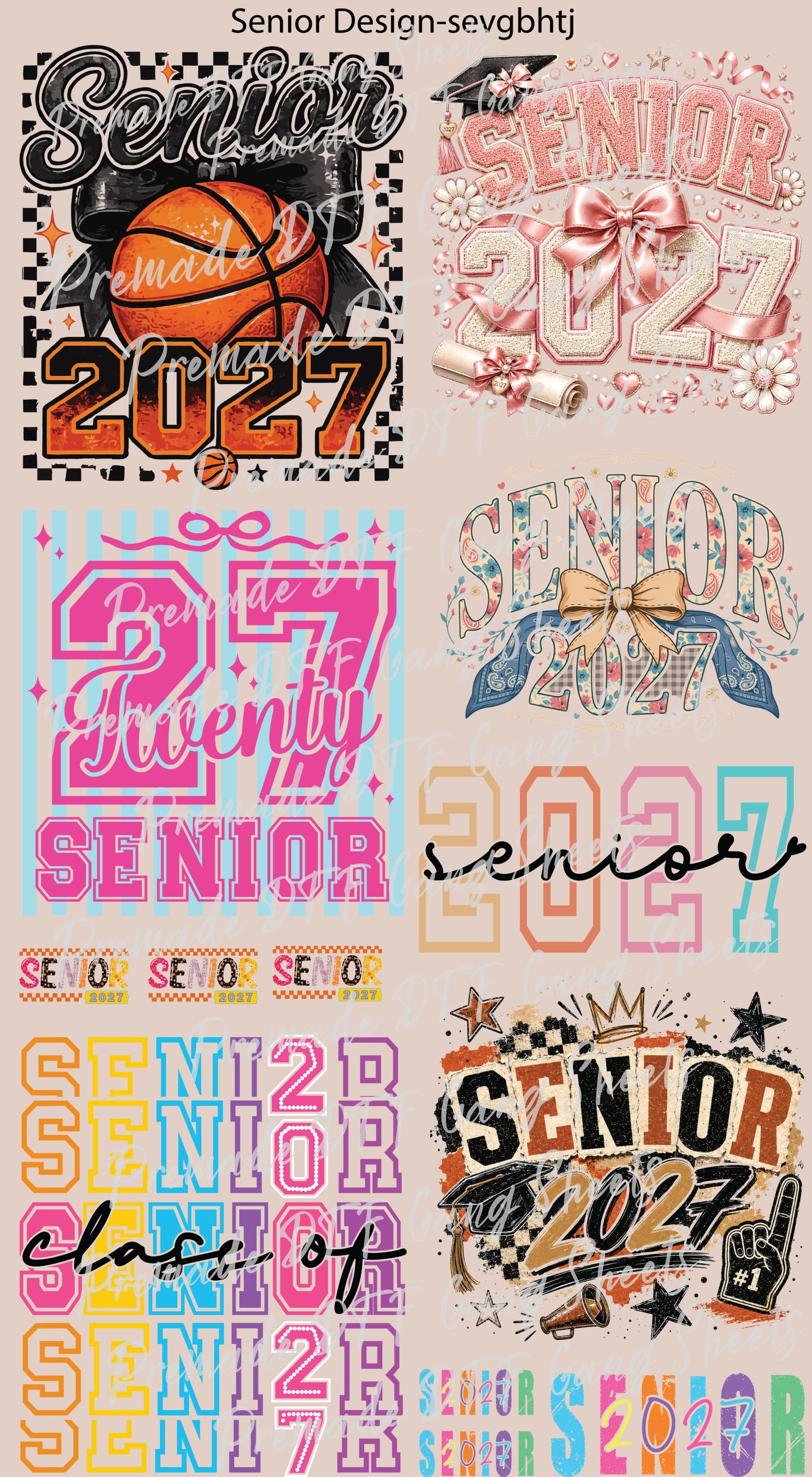 Senior 2027 DTF Gang Sheet Checkered Basketball DTF Transfer Ready to Press Bow Baseball Class of 2027 Senior Mom Heat Transfer Shirt