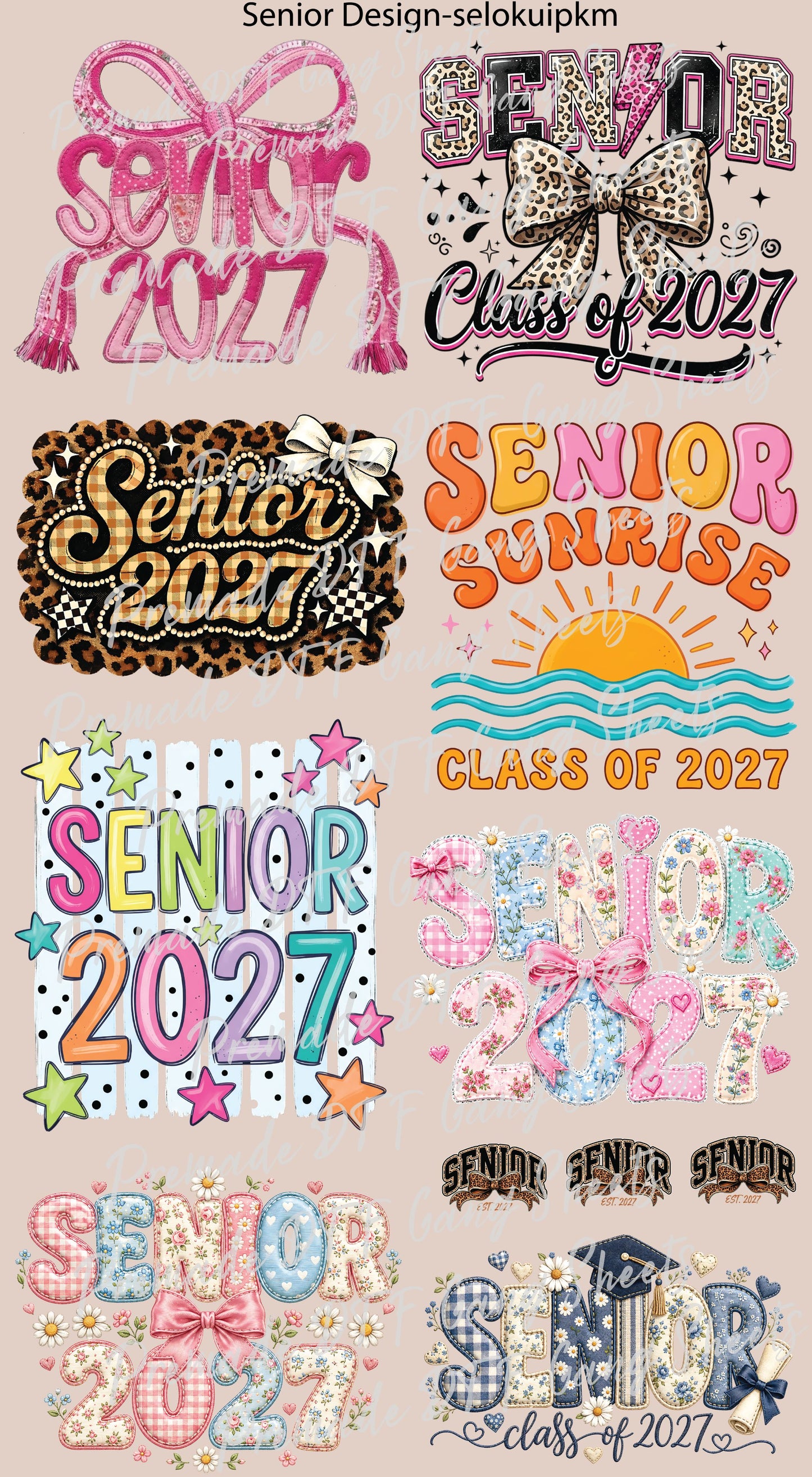 Senior 2027 DTF Gang Sheet Senior Sunrise Premade DTF Transfer Ready to Press Leopard Bow Graduation Heat Transfer For Shirts Trendy