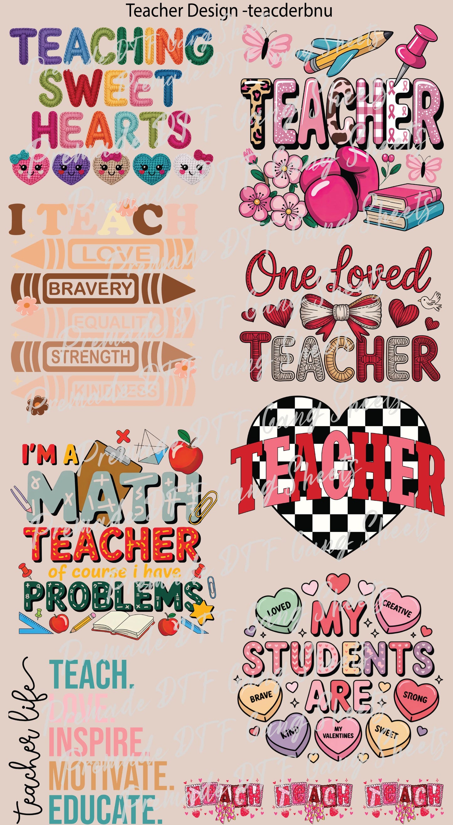 Teacher Premade Gang Sheet Teacher DTF Transfer Ready to Press Designs Teach Heat Transfer For Shirts Teacher Life Gifts