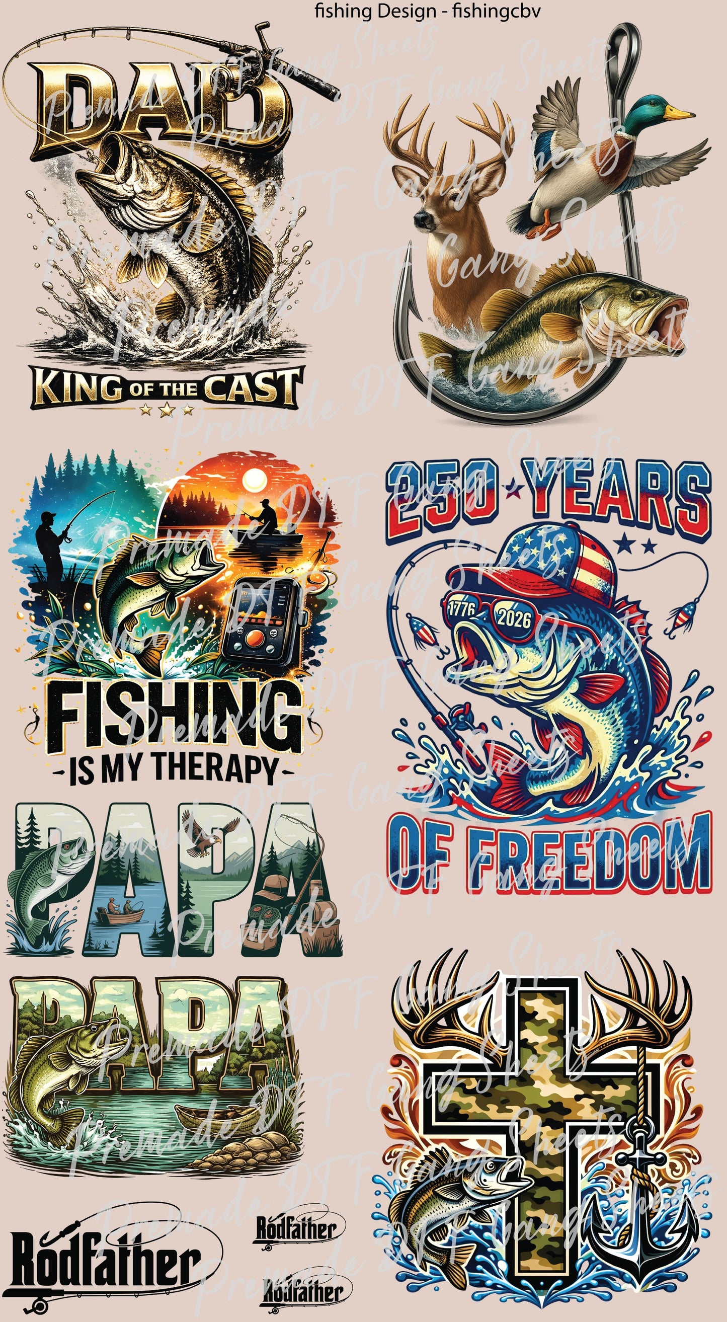 Fishing Premade Gang Sheet Father's Day DTF Transfer ready to Press Fishing Dad American Freedom Theme Heat Transfer for Shirts