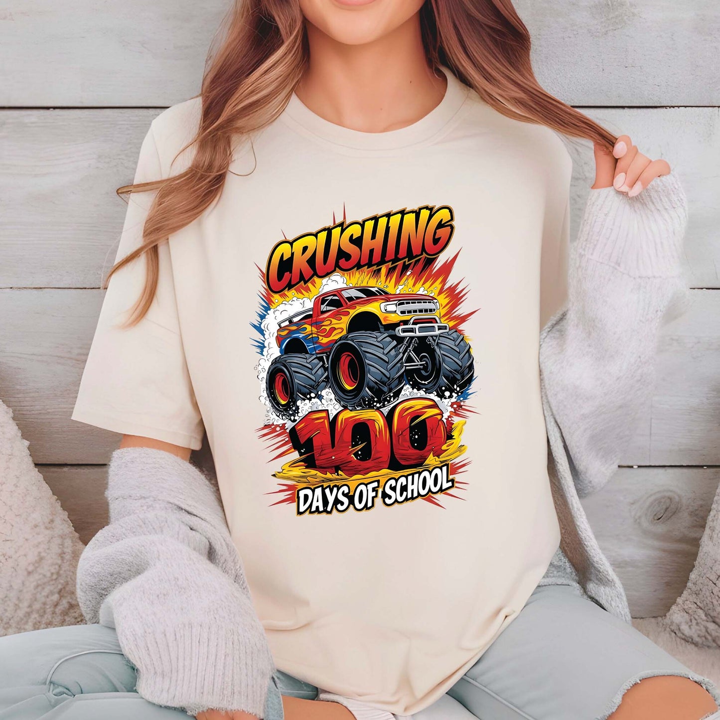 Monster Truck 100 Days of School T Shirt I Crushed 100 Days of School Shirt for Kids Boys Girls Women Men Classroom Celebration Tee
