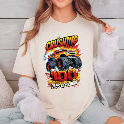 Monster Truck 100 Days of School T Shirt I Crushed 100 Days of School Shirt for Kids Boys Girls Women Men Classroom Celebration Tee