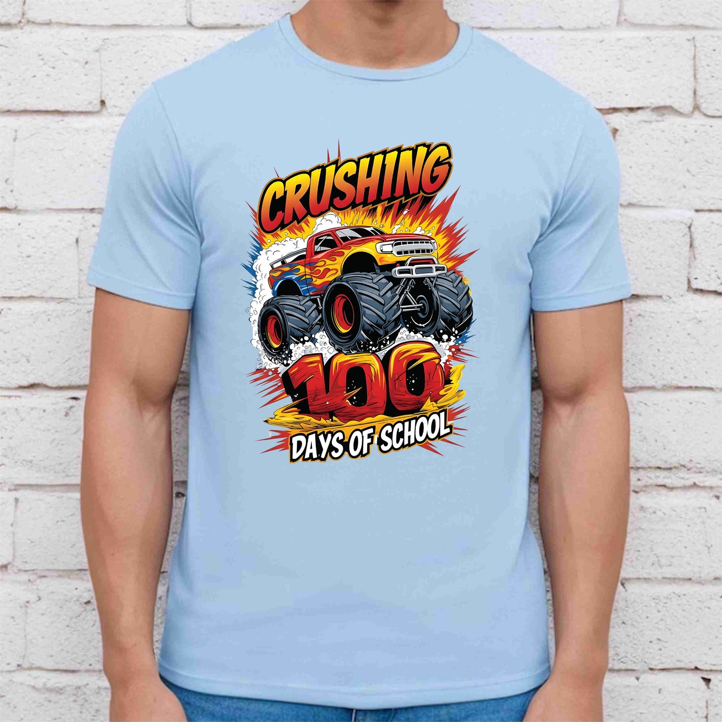 Monster Truck 100 Days of School T Shirt I Crushed 100 Days of School Shirt for Kids Boys Girls Women Men Classroom Celebration Tee