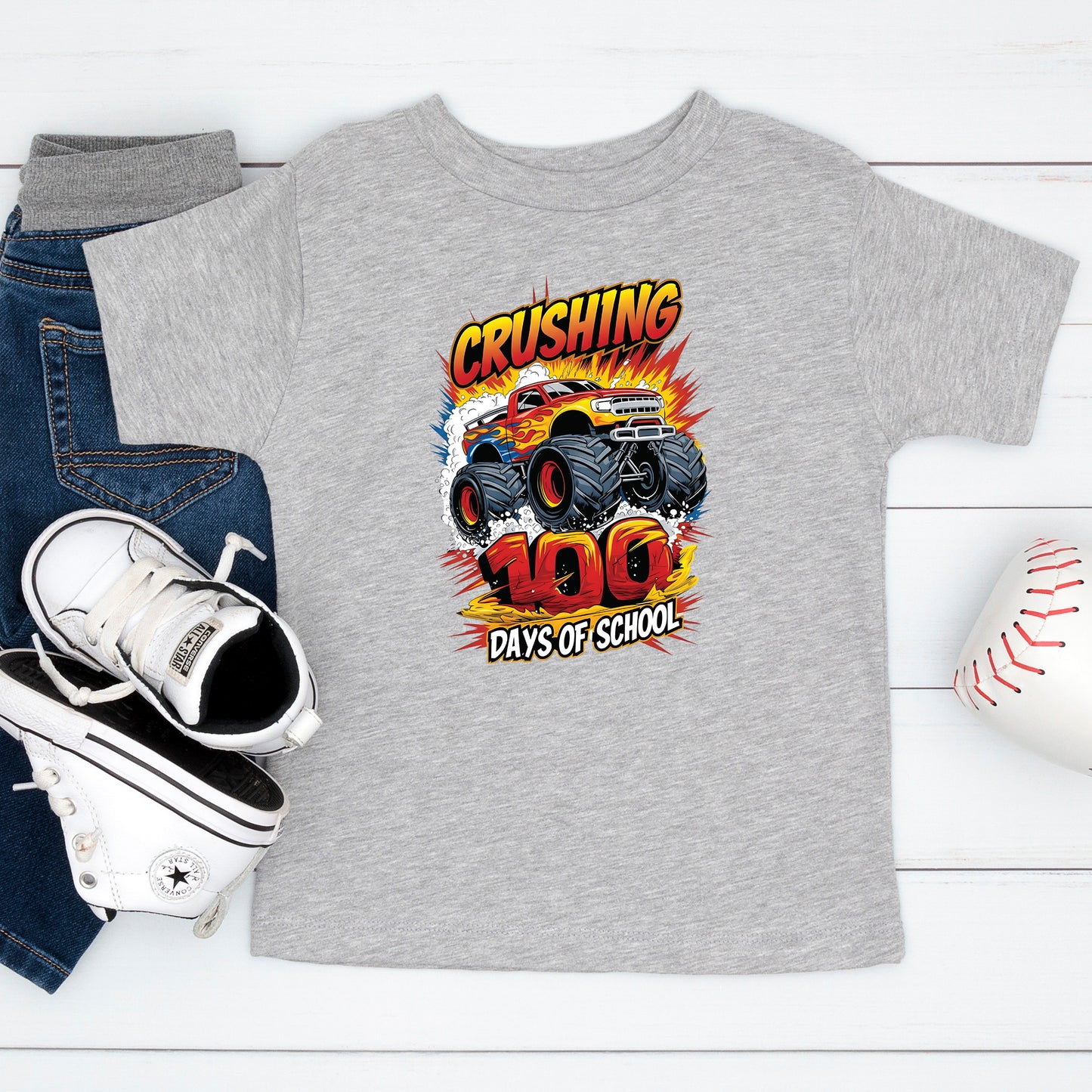 Monster Truck 100 Days of School T Shirt I Crushed 100 Days of School Shirt for Kids Boys Girls Women Men Classroom Celebration Tee