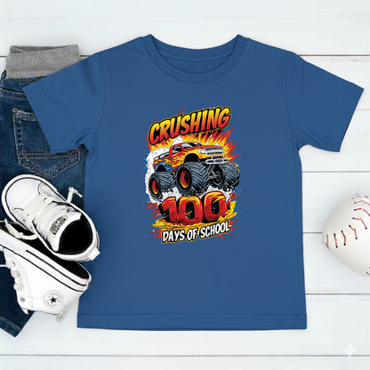 Monster Truck 100 Days of School T Shirt I Crushed 100 Days of School Shirt for Kids Boys Girls Women Men Classroom Celebration Tee