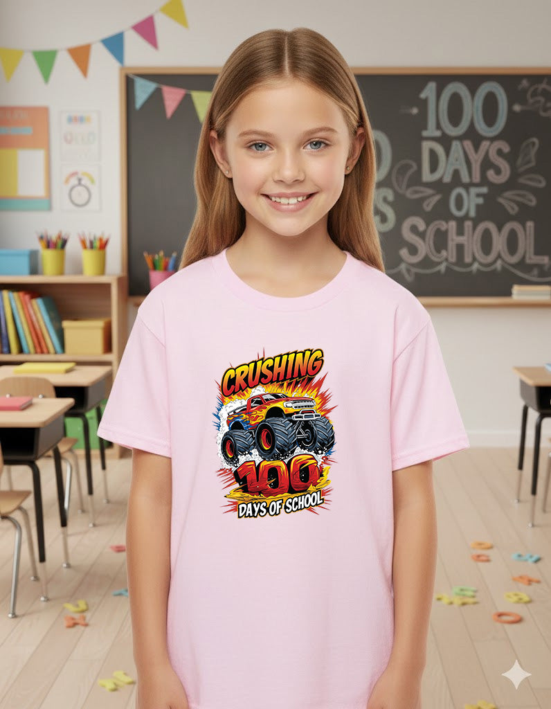 Monster Truck 100 Days of School T Shirt I Crushed 100 Days of School Shirt for Kids Boys Girls Women Men Classroom Celebration Tee