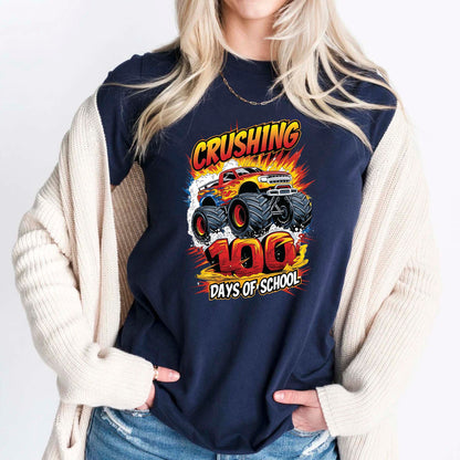 Monster Truck 100 Days of School T Shirt I Crushed 100 Days of School Shirt for Kids Boys Girls Women Men Classroom Celebration Tee