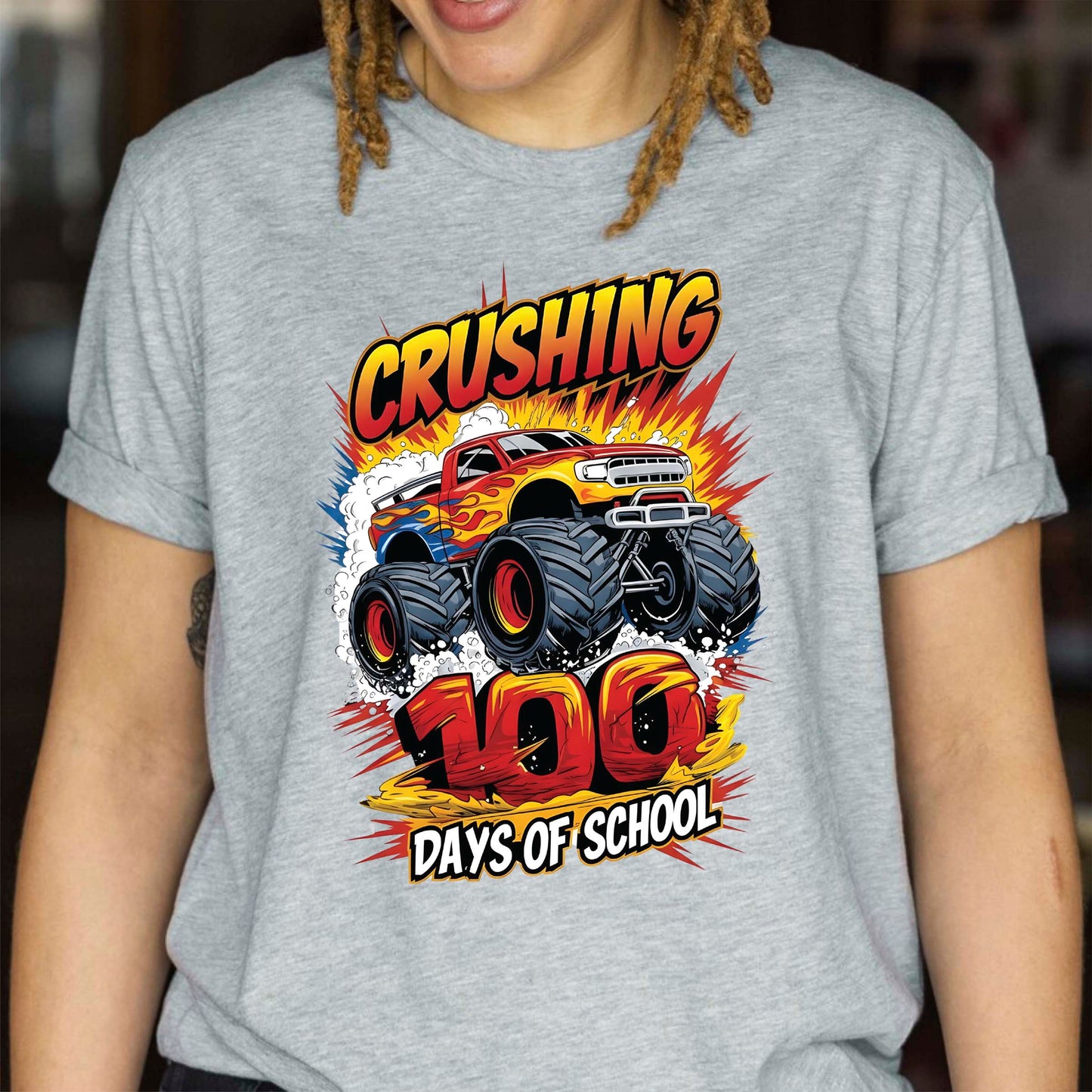 Monster Truck 100 Days of School T Shirt I Crushed 100 Days of School Shirt for Kids Boys Girls Women Men Classroom Celebration Tee