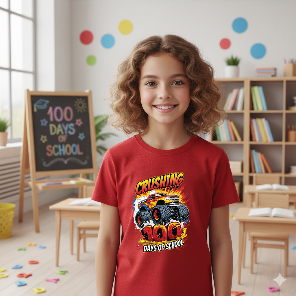 Monster Truck 100 Days of School T Shirt I Crushed 100 Days of School Shirt for Kids Boys Girls Women Men Classroom Celebration Tee