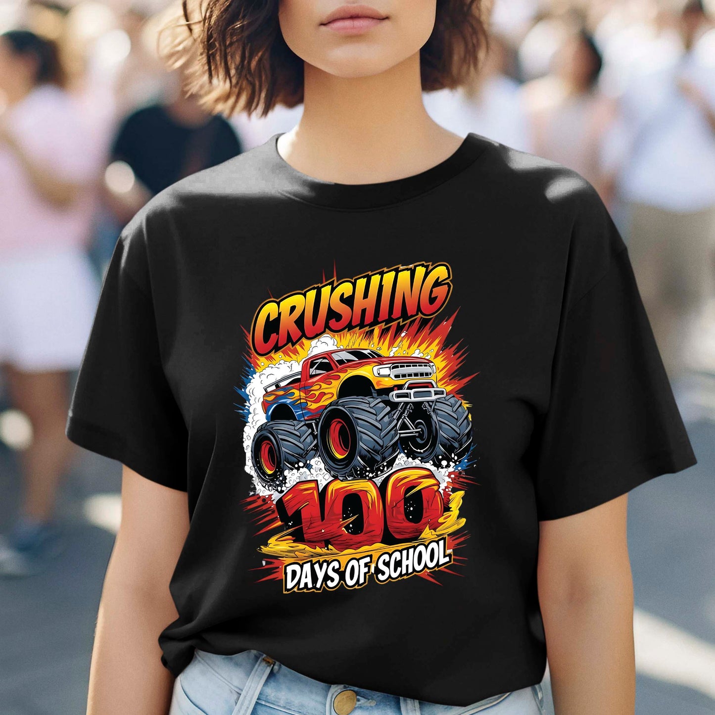 Monster Truck 100 Days of School T Shirt I Crushed 100 Days of School Shirt for Kids Boys Girls Women Men Classroom Celebration Tee