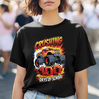 Monster Truck 100 Days of School T Shirt I Crushed 100 Days of School Shirt for Kids Boys Girls Women Men Classroom Celebration Tee
