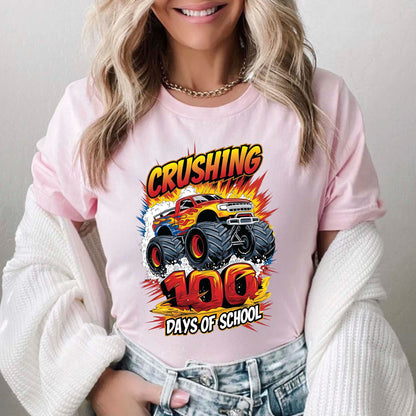 Monster Truck 100 Days of School T Shirt I Crushed 100 Days of School Shirt for Kids Boys Girls Women Men Classroom Celebration Tee