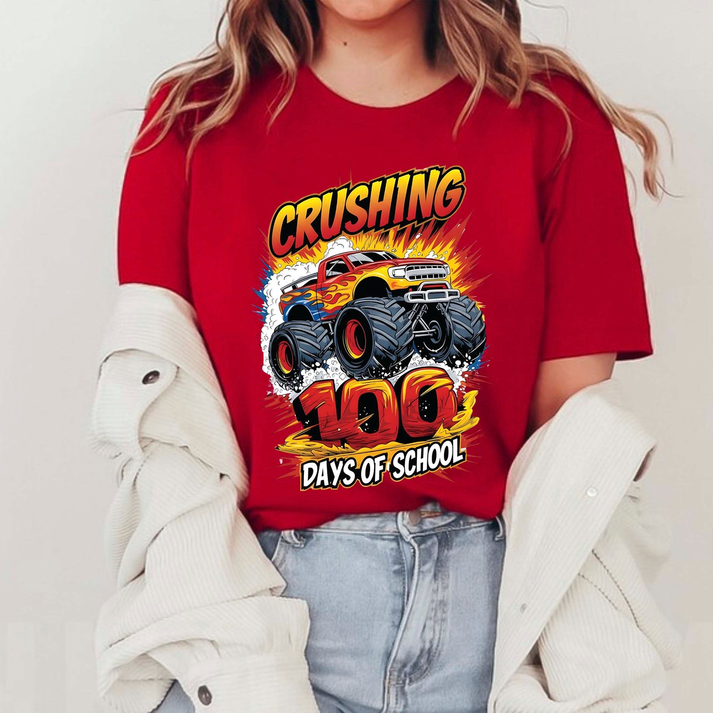 Monster Truck 100 Days of School T Shirt I Crushed 100 Days of School Shirt for Kids Boys Girls Women Men Classroom Celebration Tee