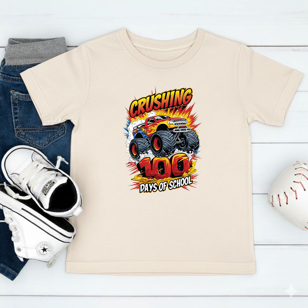 Monster Truck 100 Days of School T Shirt I Crushed 100 Days of School Shirt for Kids Boys Girls Women Men Classroom Celebration Tee