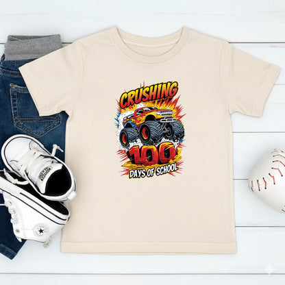 Monster Truck 100 Days of School T Shirt I Crushed 100 Days of School Shirt for Kids Boys Girls Women Men Classroom Celebration Tee