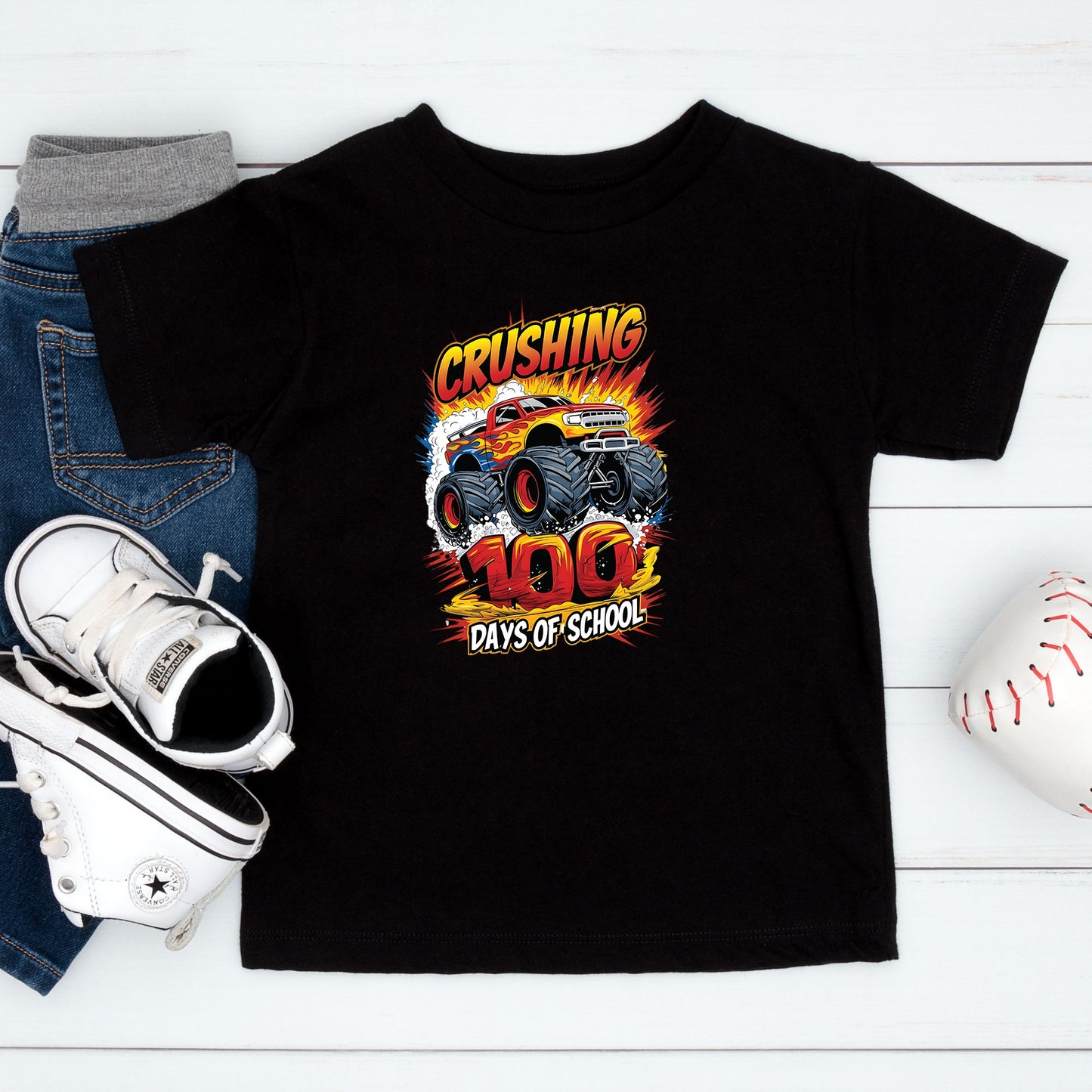Monster Truck 100 Days of School T Shirt I Crushed 100 Days of School Shirt for Kids Boys Girls Women Men Classroom Celebration Tee