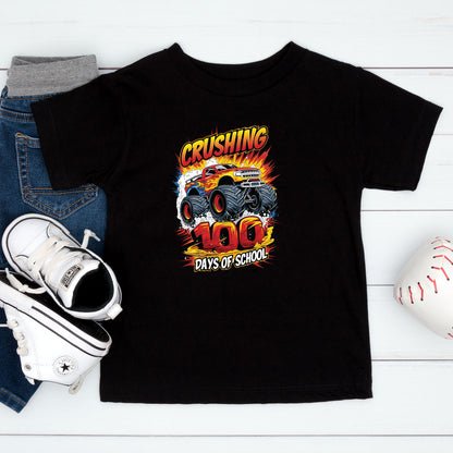 Monster Truck 100 Days of School T Shirt I Crushed 100 Days of School Shirt for Kids Boys Girls Women Men Classroom Celebration Tee