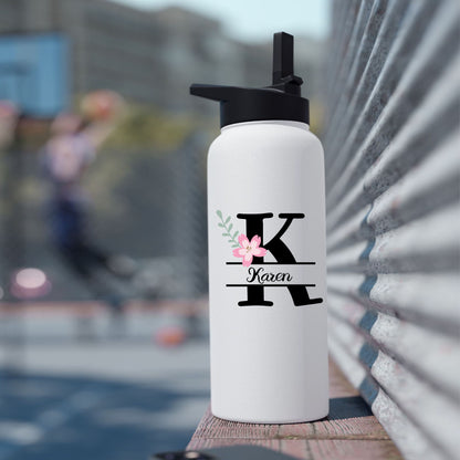 Custom Name Monogram Stainless Steel Water Bottle with Straw