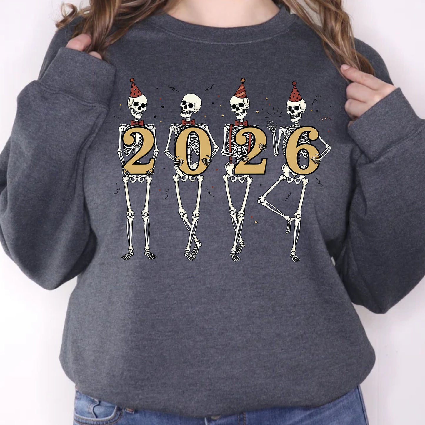 New Year 2026 Skeleton Party DTF Transfer, Ready to Press Heat Transfer for Shirts, Fun Festive New Year 2026 Design, UV Sticker